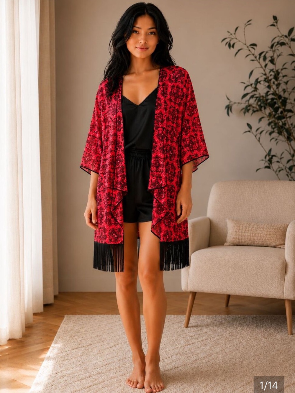 LuLaRoe Red Floral Fringe Kimono open front